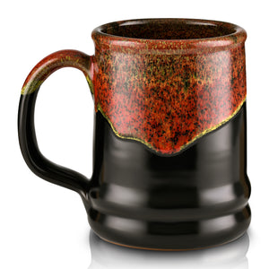The back of the Highland Grog mug. It is black colored and has a sunshine-red glaze on top of it.