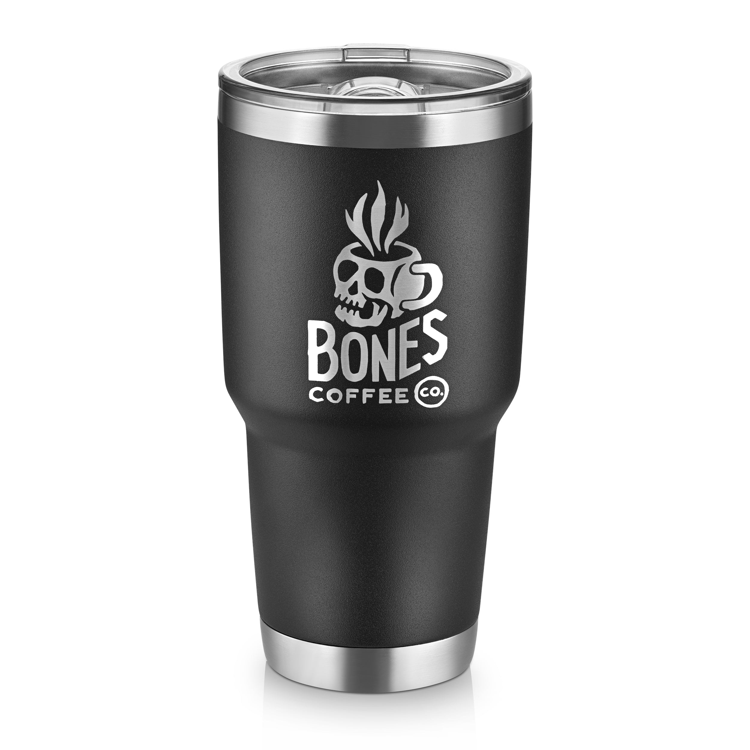 A 30 ounce black tumbler with the Bones Coffee Company skull logo on it. The logo has a skull on it that looks like a mug and has steam coming out of the top of it.