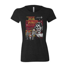 The front of the women's From Dusk til Donuts tee shirt. It is colored black and has the art of the From Dusk til Donuts coffee on it. It showcases a skeleton dressed like a vampire holding a jelly donut while people leave a donut shop on the art.