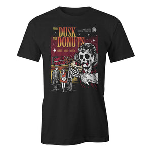 The front of the men's From Dusk til Donuts tee shirt. It is colored black and has the art of the From Dusk til Donuts coffee on it. It showcases a skeleton dressed like a vampire holding a jelly donut while people leave a donut shop on the art.