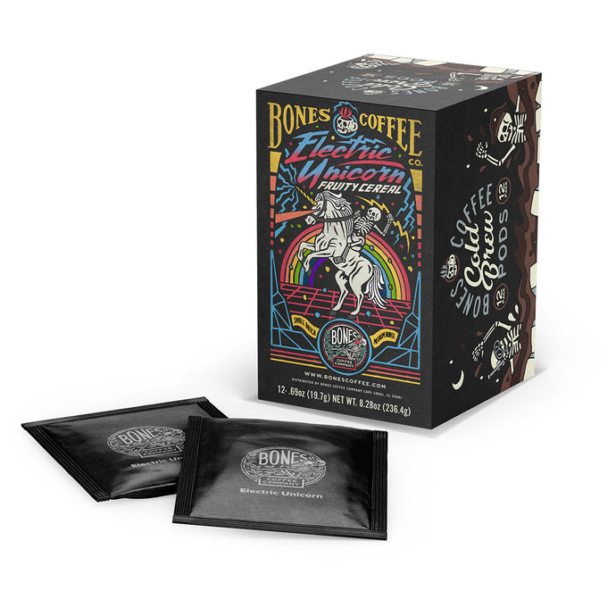 A box and cold brew pods of flavored coffee named Electric Unicorn. Its flavor is fruity cereal, and it has a skeleton riding a unicorn in front of a rainbow on the art.