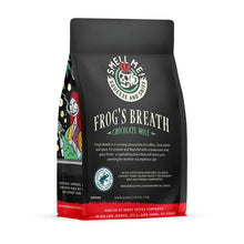 The back of a 12 ounce flavored coffee bag named Frog’s Breath. The Rain Forest Alliance page on the lower left of the back of the bag, and it says to squeeze and sniff at the top of the bag. Below the squeeze and sniff text is the name Frog’s Breath.