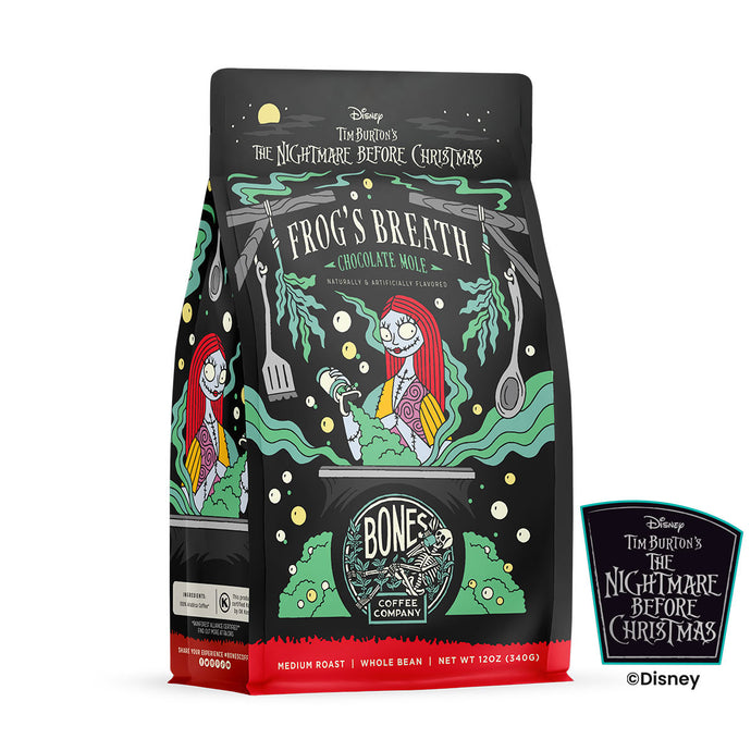 The front of a 12 ounce bag of Bones Coffee Company Frog’s Breath coffee inspired by Disney Tim Burton’s The Nightmare Before Christmas. Its flavor is chocolate mole and it has Sally on the art.