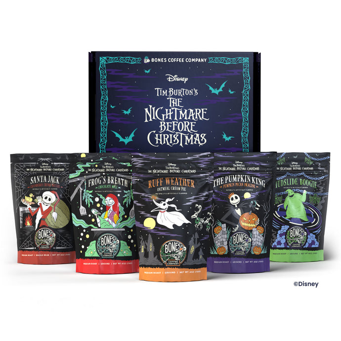 The collector's box and flavored coffee inspired by Disney Tim Burton's The Nightmare Before Christmas. From left to right the names of the coffee are Santa Jack, Frog's Breath, Ruff Weather, The Pumpkin King, and Mudslide Boogie.