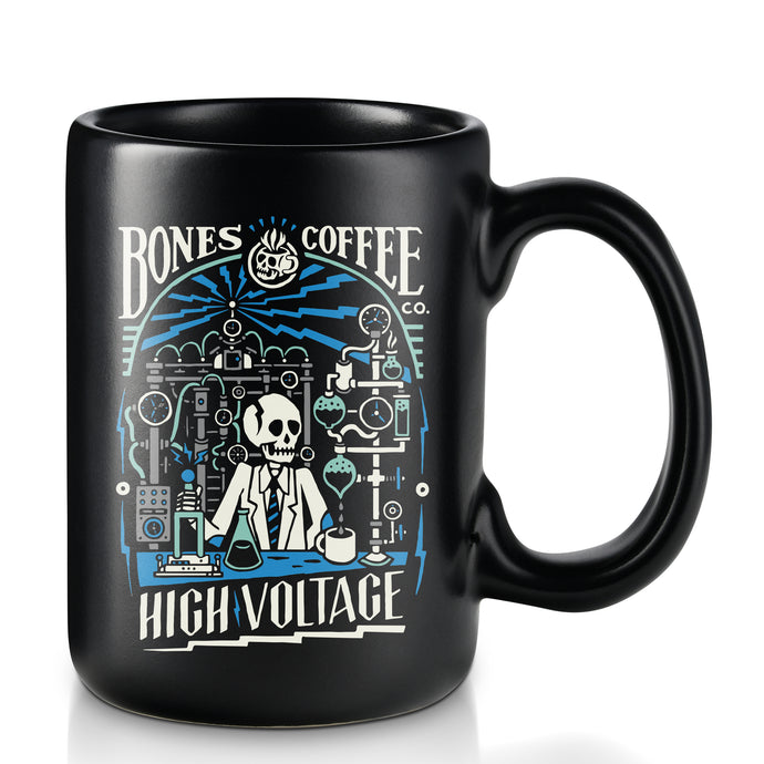 The front of the High Voltage mug. It is colored black and has the art of the High Voltage coffee on it.