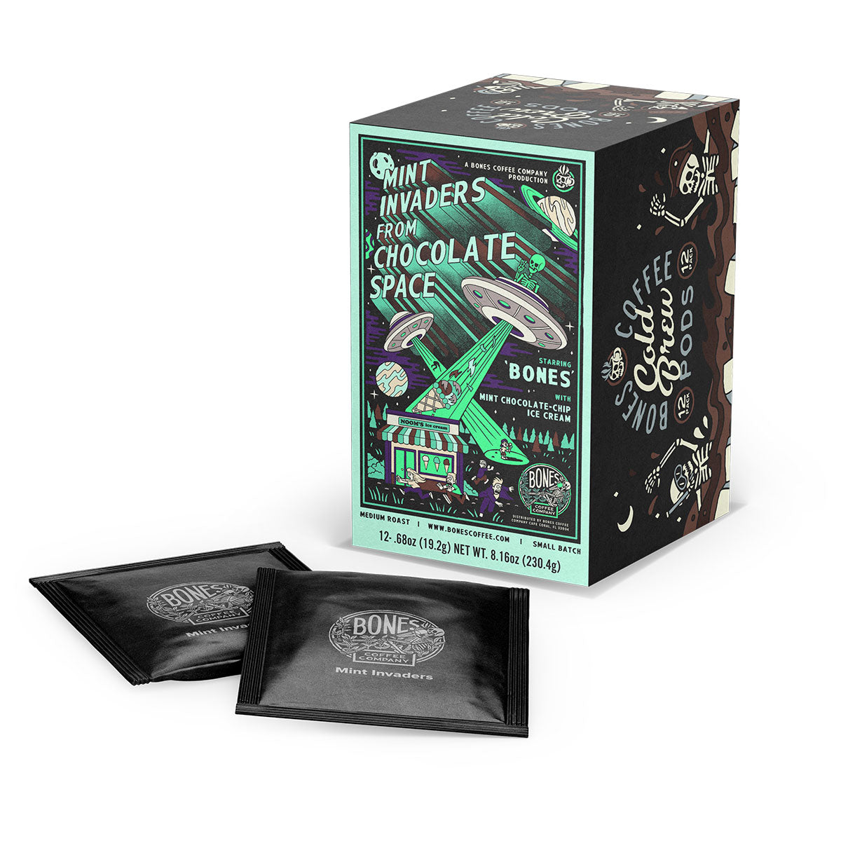A box and cold brew pods of flavored coffee named Mint Invaders from Chocolate Space. Its flavor is mint chocolate chip ice cream, and it has green skeletons abducting ice cream and people into their UFOs on the art.