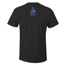 The back of the men's Retro Summer tee shirt. There is a logo for Bones Coffee Company at the center of the upper back that has a skull that looks like a mug with steam coming out of the top of it.