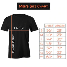 The size chart for men's tee shirts.