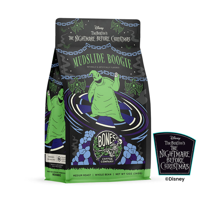 The front of a 12 ounce bag of Bones Coffee Company Mudslide Boogie coffee inspired by Disney Tim Burton’s The Nightmare Before Christmas. Its flavor is mudslide and it has Oogie Boogie on the art.