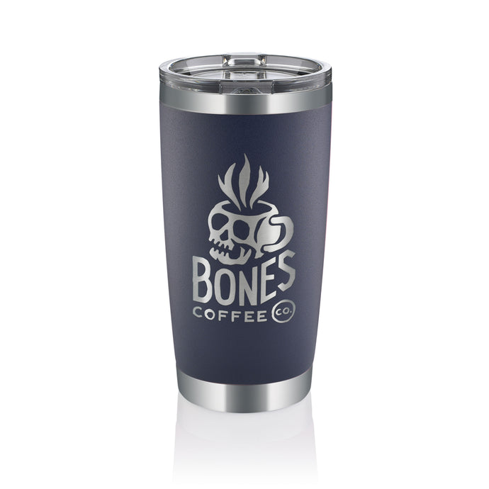 A navy blue tumbler that has the Bones Coffee Company logo on it. The logo has a skull that looks like a mug and has steam coming out of it above the text Bones Coffee Co with the word Bones spelled with bones.