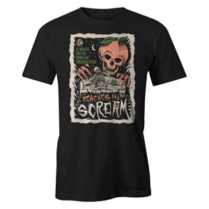 The front of the men's Peaches and Scream tee shirt. It is colored black and has the art of the Peaches and Scream coffee on it. It showcases a skeleton on a couch in a pair of boxers with peaches on them while a giant peach with a skeletal face and hands leans down towards them on the art.