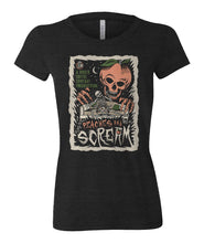 The front of the women's Peaches and Scream tee shirt. It is colored black and has the art of the Peaches and Scream coffee on it. It showcases a skeleton on a couch in a pair of boxers with peaches on them while a giant peach with a skeletal face and hands leans down towards them on the art.