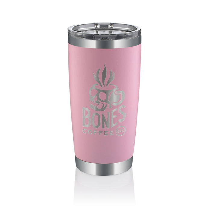 A pink tumbler that has the Bones Coffee Company logo on it. The logo has a skull that looks like a mug and has steam coming out of it above the text Bones Coffee Co with the word Bones spelled with bones.
