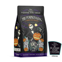The front of a 12 ounce bag of Bones Coffee Company The Pumpkin King coffee inspired by Disney Tim Burton’s The Nightmare Before Christmas. Its flavor is pumpkin pecan praline and it has Jack Skellington on the art.