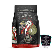 The front of a 12 ounce bag of Bones Coffee Company Santa Jack coffee inspired by Disney Tim Burton’s The Nightmare Before Christmas. Its flavor is cranberry creme brulee and it has Jack Skellington on the art.