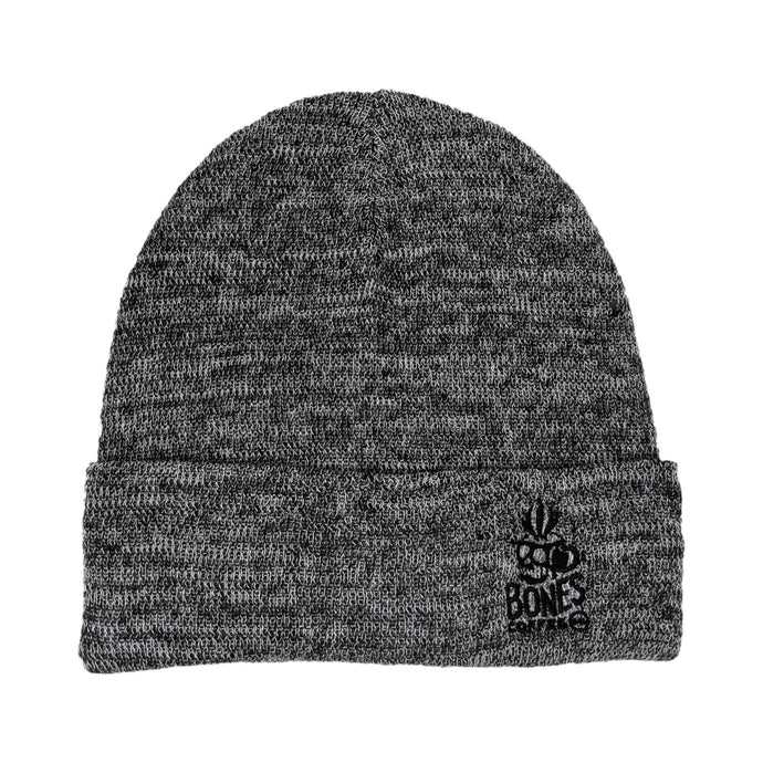 A grey beanie that has the skull Bones Coffee Company logo on it. The logo has the words Bones Coffee Co under a skull that looks like a mug with steam coming out of the top of it.