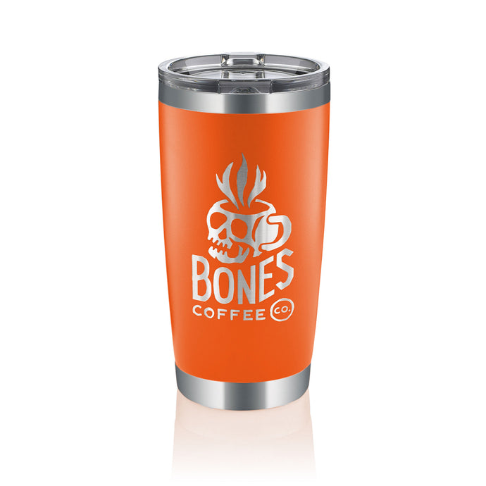 An orange tumbler that has the Bones Coffee Company logo on it. The logo has a skull that looks like a mug and has steam coming out of it above the text Bones Coffee Co with the word Bones spelled with bones.