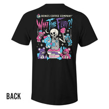 The back of the men's What The Fluff tee shirt. It is colored black and has the art of the What The Fluff coffee on it where a skeleton is angrily stuffing teddy bears with cotton candy.