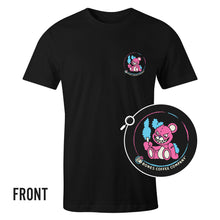 The front of the men's What The Fluff tee shirt. It is colored black and has a small logo of a teddy bear that's missing an ear and grinning maniacally while holding a cotton candy stick.