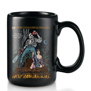 The front of a black mug that has the art of the Army of Dark Chocolate coffee on it.