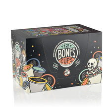 The side of the box for the Sinn-o-bun Bones Cups. It showcases that it holds 12 Bones cups and has skeletons peeking out from behind and inside Bones Cups along the box.