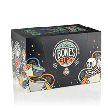 The side of the Bones Coffee Company Frankenbones 12 Count Bones Cups box. There are skeletons coming out of Bones Cups on the art.
