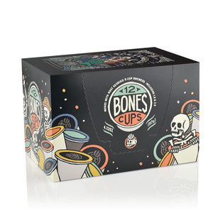 The side of the box for the Salty Siren Cups. It showcases that it holds 12 Bones cups and has skeletons peeking out from behind and inside Bones Cups along the box.