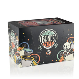 The side of the box for the White Russian Cups. It showcases that it holds 12 Bones cups and has skeletons peeking out from behind and inside Bones Cups along the box.