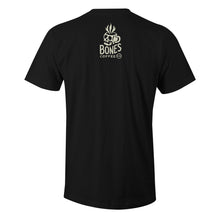The back of the men's classic Bones Coffee Company logo tee shirt. Upon the center of the upper back is the Bones Coffee Company logo that has a skull that looks like a mug with steam coming out of the top of it.