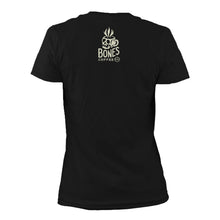 The back of the women's classic Bones Coffee Company logo tee shirt. Upon the center of the upper back is the Bones Coffee Company logo that has a skull that looks like a mug with steam coming out of the top of it.