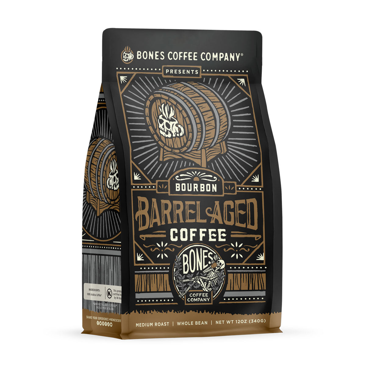 The front of a 12 ounce bag of Bones Coffee Company Bourbon Barrel Aged coffee. There is a barrel with the Bones Coffee Company skull logo on it on the art.