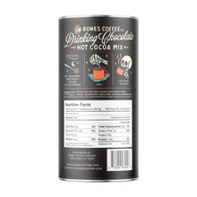 The back of a cylinder for a drinking chocolate hot cocoa mix. It has nutrition facts and instructions on how to make it.
