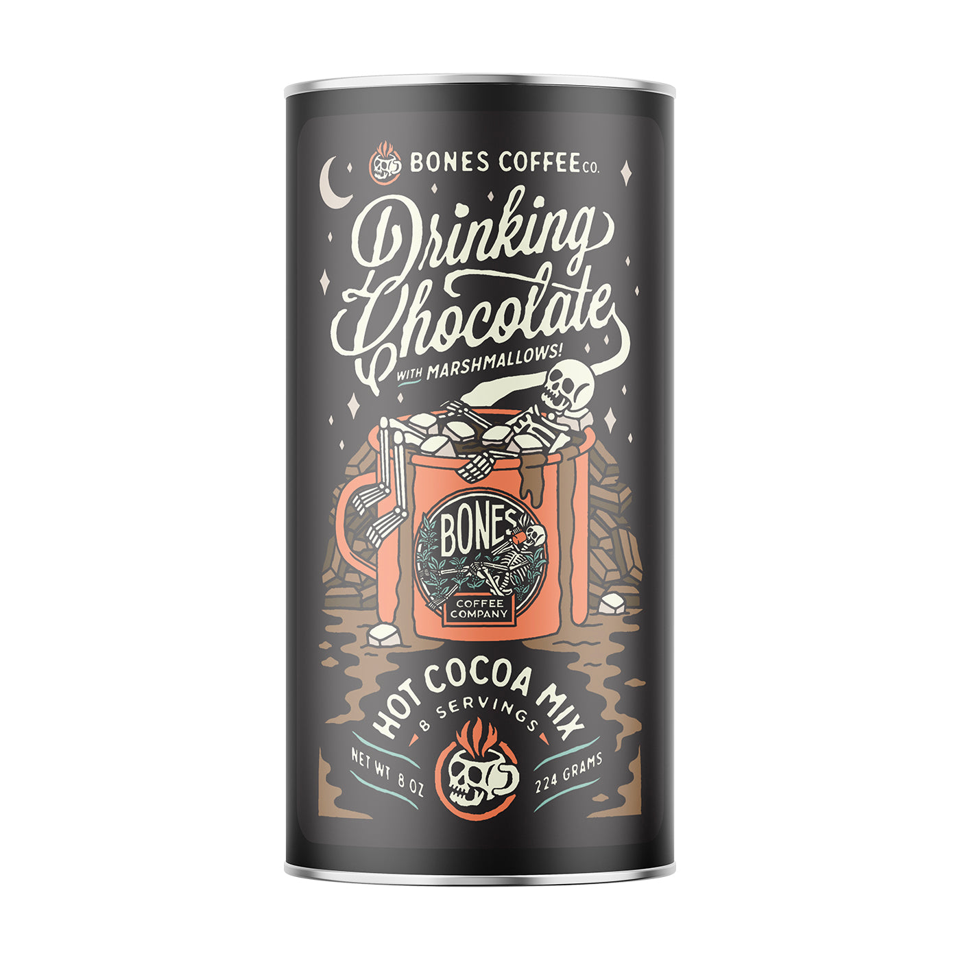 A tin of drinking chocolate mix that has marshmallows in it. The art shows a skeleton lounging in a mug full of hot chocolate and marshmallows.