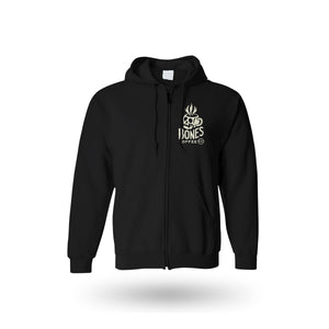 The front of the classic Bones Coffee Company logo hoodie. It has the Bones Coffee Company logo with the words Bones Coffee Co beneath a skull that looks like a mug with steam coming out of the top of it. The logo can be found on the left side of the hoodie.