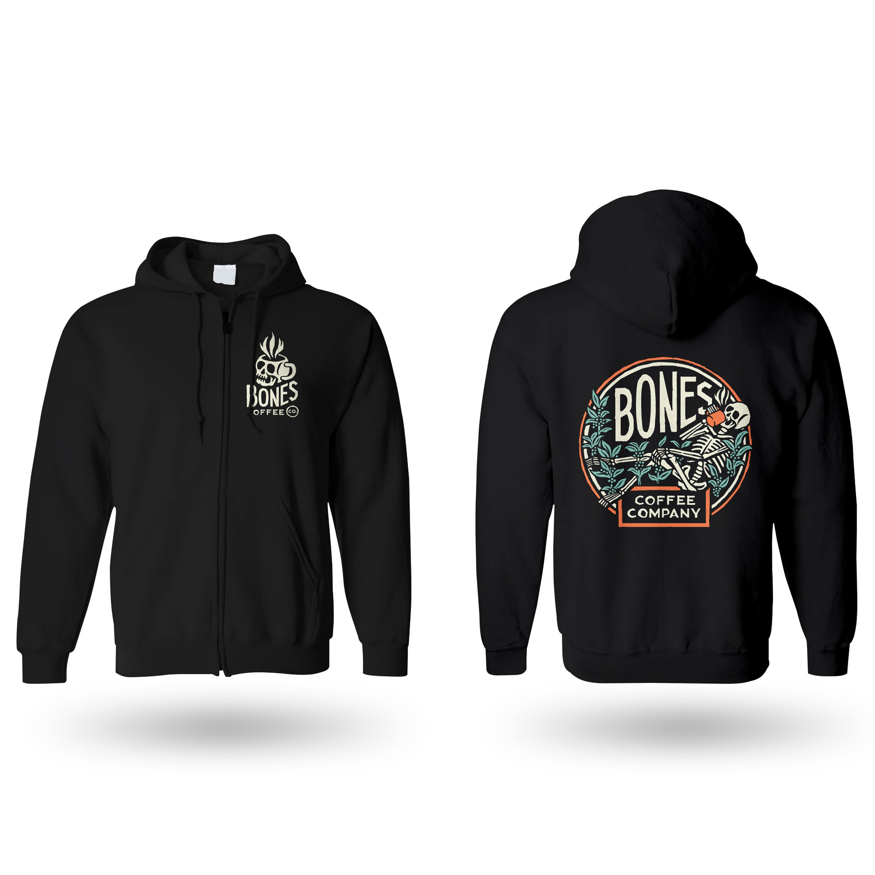 The front and back of the classic Bones Coffee Company logo. The back has the classic logo for the Bones Coffee Company while the front has the skull logo for Bones Coffee Company on it.
