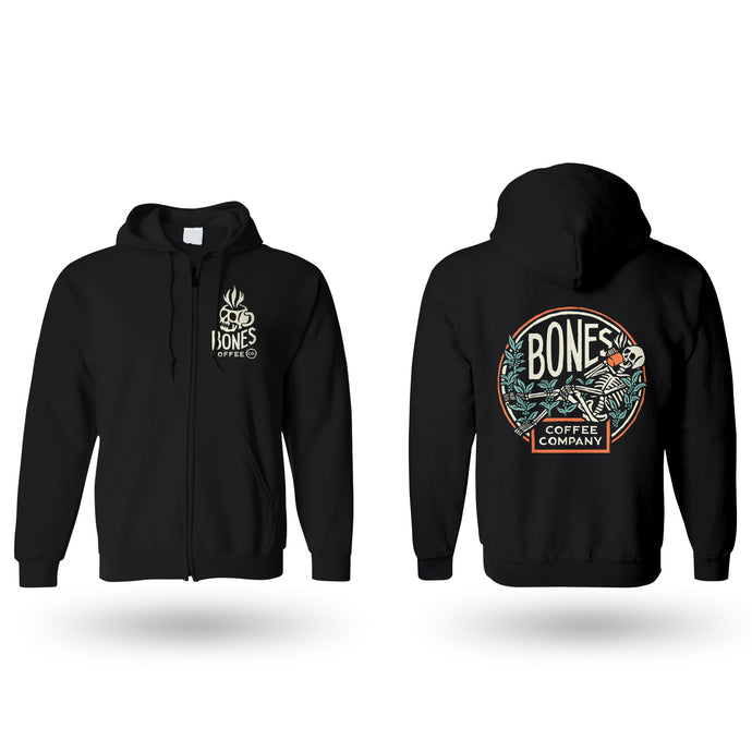 The front and back of the classic Bones Coffee Company logo. The back has the classic logo for the Bones Coffee Company while the front has the skull logo for Bones Coffee Company on it.