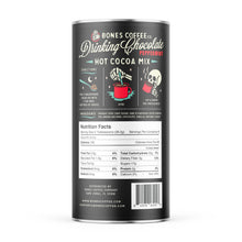 The back of a drinking chocolate mix that has peppermint in it. There are instructions on how to make it on the back alongside a nutrition facts table.