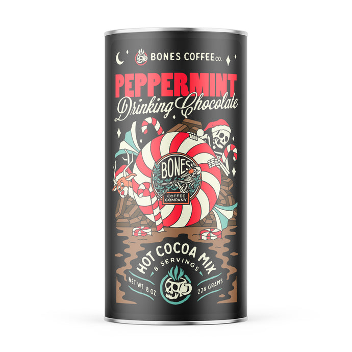 A tin of drinking chocolate mix that has peppermint in it. The art has a skeleton and reindeer wearing a santa clause cap hiding behind a giant peppermint circle.