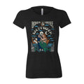 The front of the women's Salty Siren tee shirt. It is colored black and has the art of the Army of Dark Chocolate coffee on it. There is a skeleton wearing a sailor's outfit carrying a mermaid while its ship sinks in the background on its art.