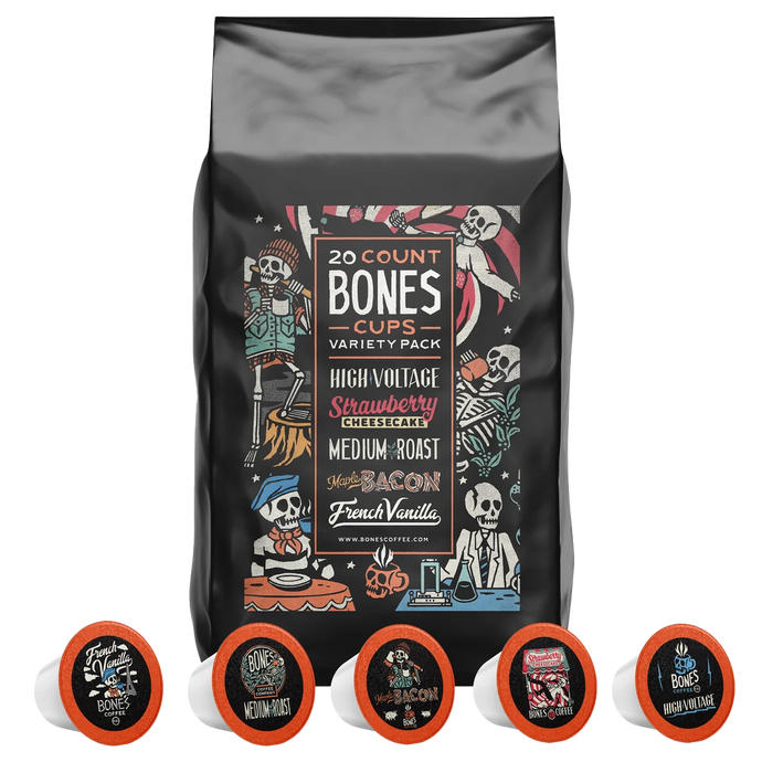 A bag with fives Bones Cups in front of it. It says there's 20 Bones Cups inside and that they're High Voltage, Strawberry Cheesecake, Medium Roast, Maple Bacon, and French Vanilla.