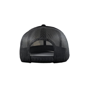 The back of the skull Bones Coffee Company logo trucker hat. The hat is black.
