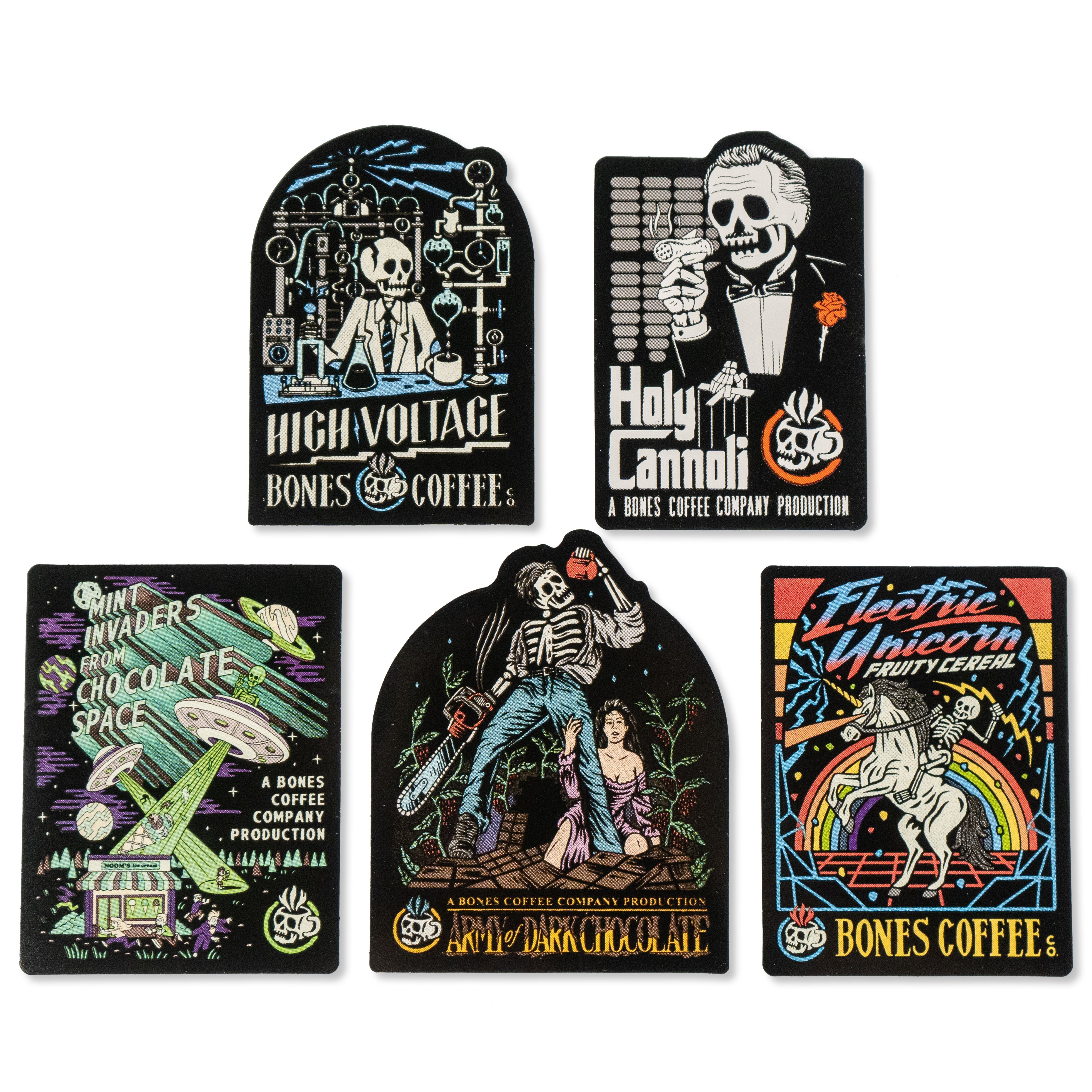 Five stickers that have the art of the High Voltage, Holy Cannoli, Mint Invaders from Chocolate Space, Army of Dark Chocolate, and Electric Unicorn coffees.