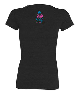 The back of the women's Retro Summer tee shirt. There is a logo for Bones Coffee Company at the center of the upper back that has a skull that looks like a mug with steam coming out of the top of it.