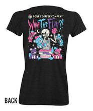 The back of the women's What The Fluff tee shirt. It is colored black and has the art of the What The Fluff coffee on it where a skeleton is angrily stuffing teddy bears with cotton candy.