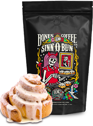 Bones Coffee Co. Sinn-O-Bun flavored coffee bag with a cinnamon roll in front.