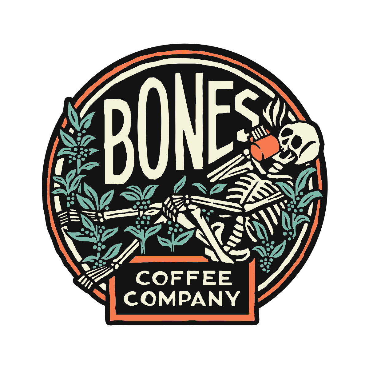 Bones Coffee Company logo, showing a skeleton leaning back and drinking a cup of coffee, surrounded by greenery